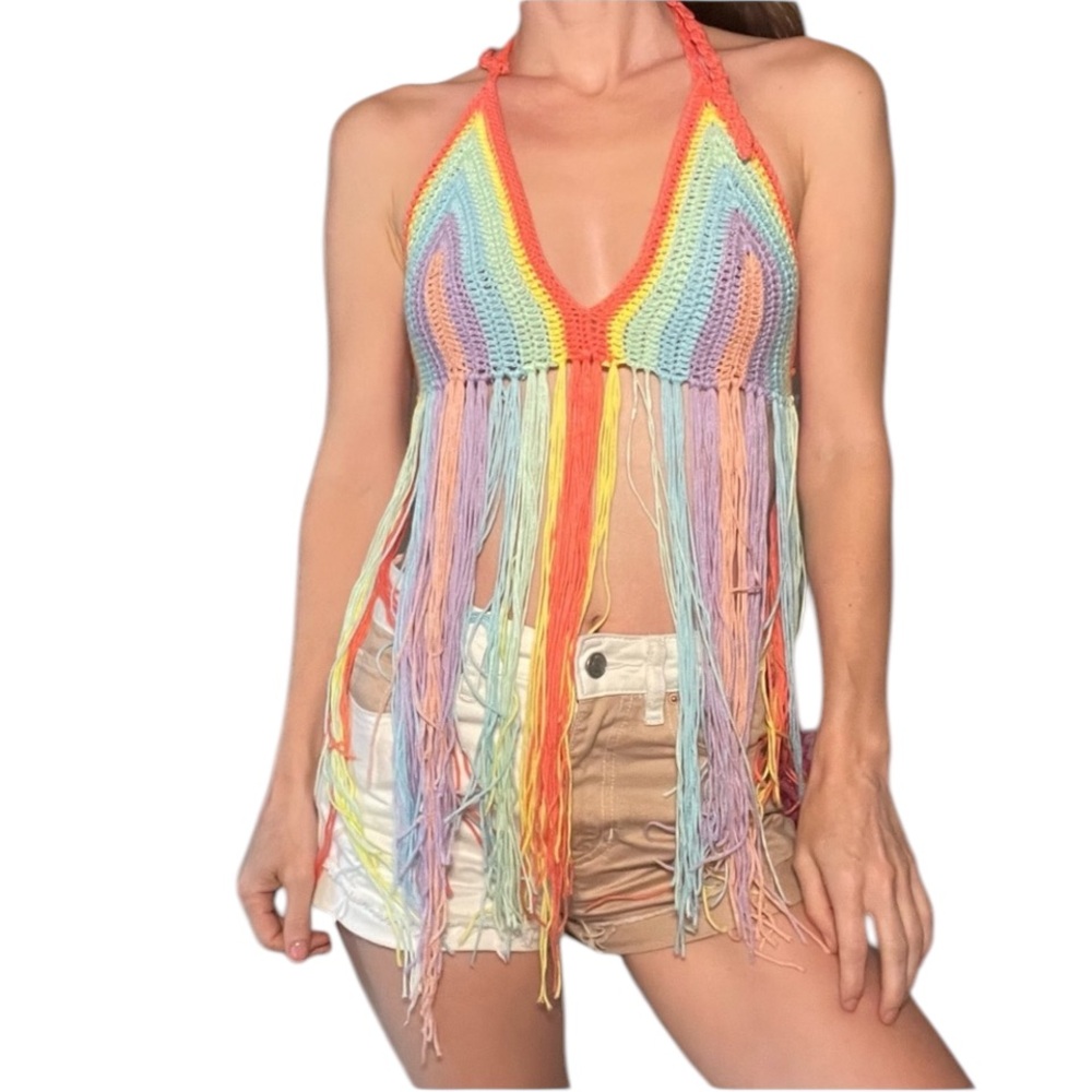 GIFTED Pastel Rainbow Crochet Boho Festival Tank Fringe - Picture 1 of 6